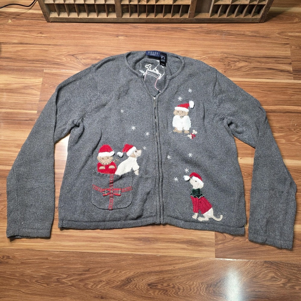 Crazy Horse Cardigan Sweater Womens Petite XL Gray Dog Ugly Christmas‎ Full Zip
